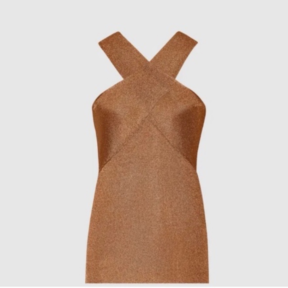 Reiss Metallic Criss cross Halter Neck Shimmer Cocktail Top in copper - Picture 3 of 6